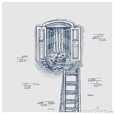 Open window and ladder hand drawn sketch raster Cartoon Illustration