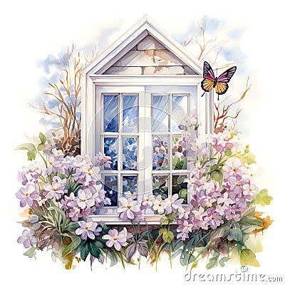 open window with a spring view illustration, isolated on a white background, invites the beauty of the season indoors. Cartoon Illustration