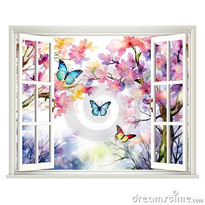 open window with a spring view illustration, isolated on a white background, invites the beauty of the season indoors. Cartoon Illustration