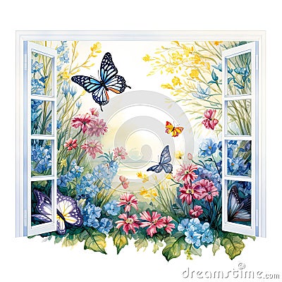 open window with a spring view illustration, isolated on a white background, invites the beauty of the season indoors. Cartoon Illustration