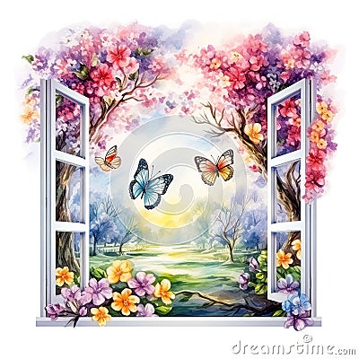 open window with a spring view illustration, isolated on a white background, invites the beauty of the season indoors. Cartoon Illustration