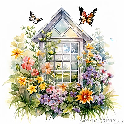 open window with a spring view illustration, isolated on a white background, invites the beauty of the season indoors. Cartoon Illustration