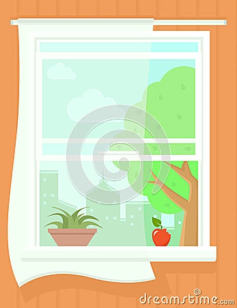 Open window with summer landscape. succulent plant on pot, apple on windowsill Vector Illustration