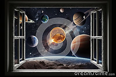 An open window to space, a view of the big bright sun and planets. Generative AI Stock Photo
