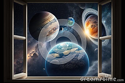 Open window to space, view of the planets. Generative AI Stock Photo