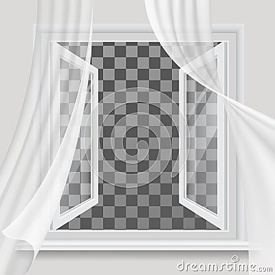 Open window and waving transparent curtain Vector Illustration