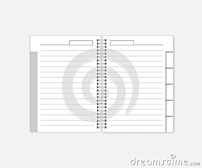 Open wire spiral bound lined notebook, diary with tab dividers - mockup Vector Illustration