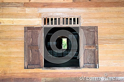 Open wood window and wood wall Stock Photo