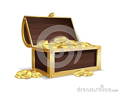 Open wooden chest. Ancient gold shiny coins in large open trunk, medieval mystery pirate treasures, success trophy or Vector Illustration