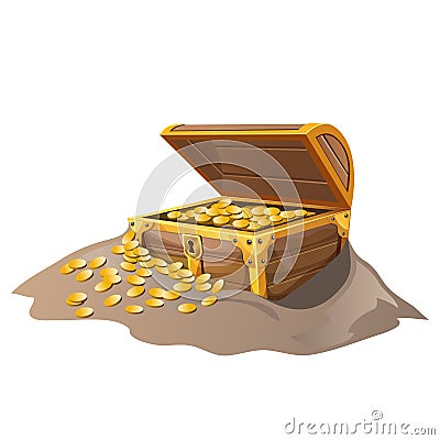 Open wooden pirate chest in sand with Golden coins Vector Illustration