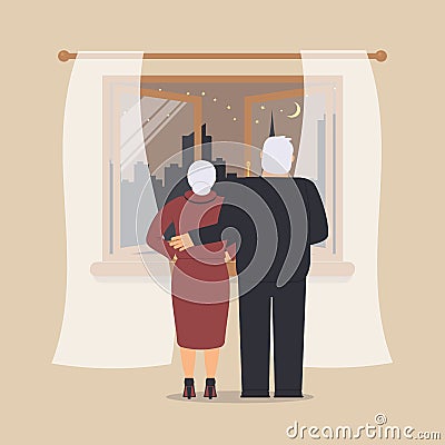 Open wooden window with tulle as design element for interior of room on cream background. Night city scene or cityscape is outside Vector Illustration