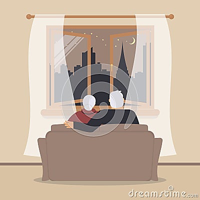 Open wooden window with tulle as design element for interior of room on cream background. Night city scene or cityscape is outside Vector Illustration