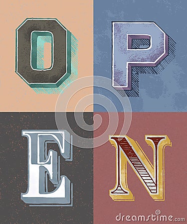 Open word vintage typography style Vector Illustration