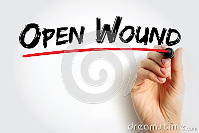 Open Wound - injuries that involve a break in the skin and leave the internal tissue exposed, text concept background Stock Photo