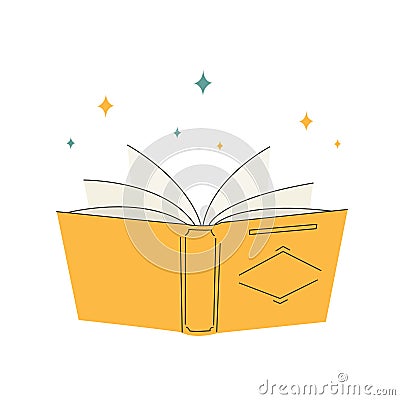 Open yellow book flying with stars Vector Illustration