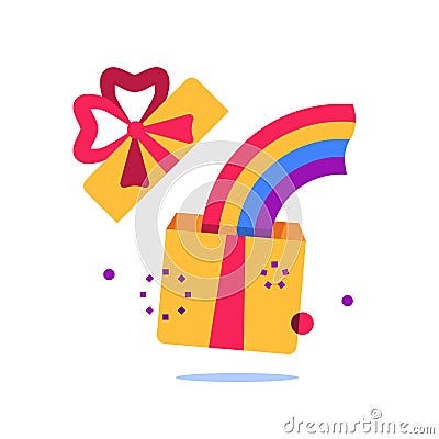 Open box, surprise gift and rainbow, special reward, prize giveaway, loyalty present, creative idea Vector Illustration