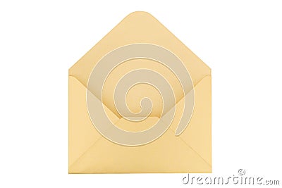 Open yellow paper envelope isolated on white. Stock Photo