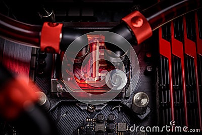 Open your computer with a water cooling system, a processor, a graphics card, a motherboard fan Stock Photo