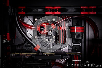 Open your computer with a water cooling system, a processor, a graphics card, a motherboard fan Stock Photo