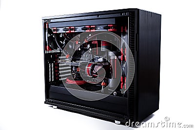 Open your computer with a water cooling system, a processor, a graphics card, a motherboard fan Stock Photo