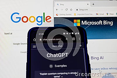 OpenaAI ChatGPT, Microsoft Bing and Google Bard chatbots on screens Editorial Stock Photo