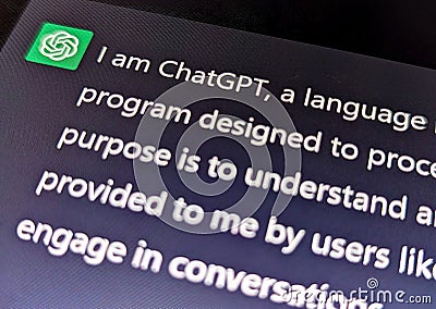 OpenAI's ChatGPT artificial intelligence app renders a text prompt that describes itself as a language model Editorial Stock Photo
