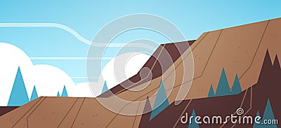 Opencast mining stone quarry industrial mine production concept hills mountains background flat horizontal Vector Illustration