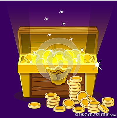 Opened antique treasure chest, coin Vector Illustration