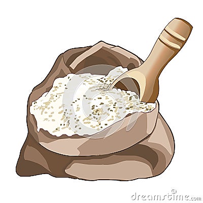 Opened bag of flour, half full. Wooden spoon for loose products. Storing flour. Cooking. Vector. Vector Illustration