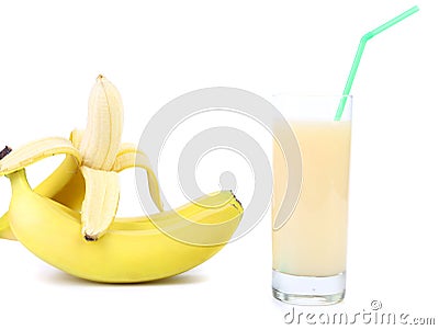 Opened banana and juice. Stock Photo