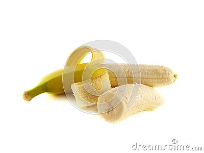 Opened banana with sliced half isolated Stock Photo