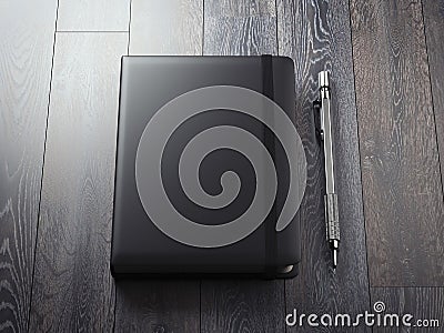 Opened black copybook with silver pen. 3d rendering Stock Photo