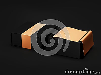 Opened Black Gift Box Mockup on black background, 3d rendering. Luxury packaging box for premium products. Square golden Stock Photo