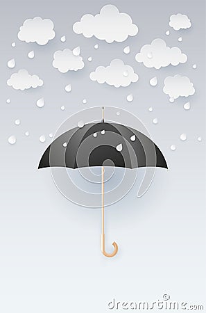 Opened black umbrella and abstract clouds with rain drops Vector Illustration