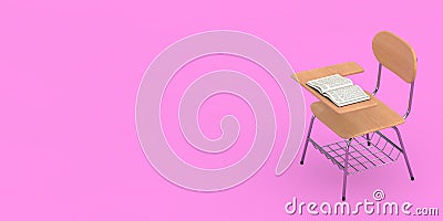 Opened Book over Wooden Lecture School or College Desk Table with Chair. 3d Rendering Stock Photo