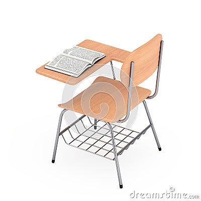 Opened Book over Wooden Lecture School or College Desk Table with Chair. 3d Rendering Stock Photo