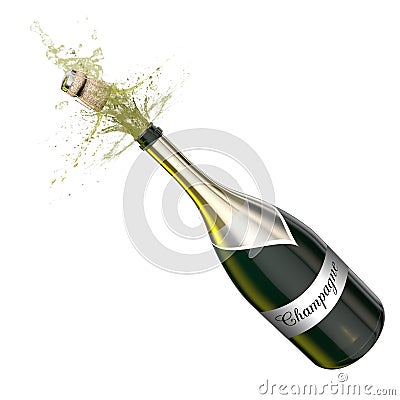 Opened bottle with foaming champagne. Cartoon Illustration