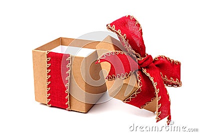 Opened brown gift box with red bow and ribbon isolated on white Stock Photo