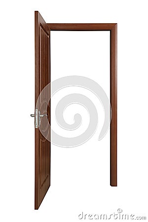 Opened brown wooden door on white Stock Photo