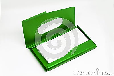 Opened business card holder in green color on a white background. Stock Photo