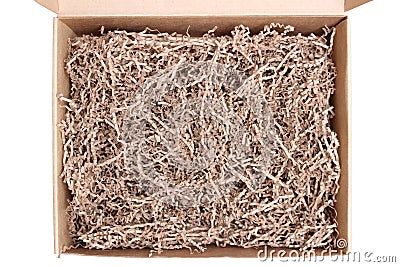 Opened cardboard posting and shipping box with tissue krinkles Stock Photo