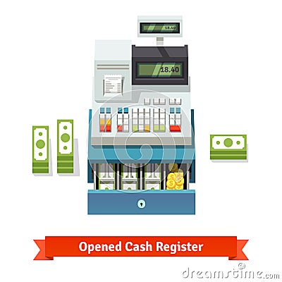 Opened cash register, paper money and coins inside Vector Illustration