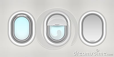 Opened and closed airplane porthole, plane window Vector Illustration