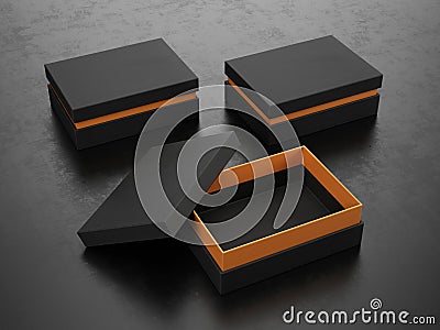 Opened and Closed Black Boxes on black background - Box Mockup Stock Photo