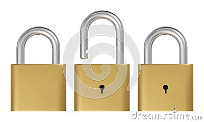 Opened and closed lock. Realistic golden padlock vector illustration. Vector Illustration