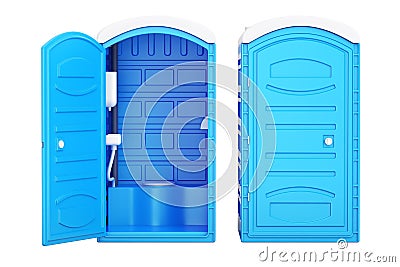 Opened and closed mobile portable blue plastic toilets, 3D rendering Stock Photo