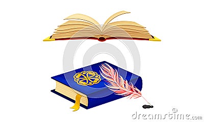 Opened and closed old books and quill pen set. Education, ancient literature and library vector illustration Vector Illustration