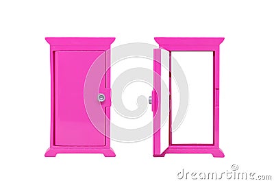 Opened and closed pink door model toy isolated on white background. Stock Photo