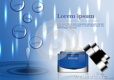 Opened cosmetic cream with water drop and small falling lights o Vector Illustration