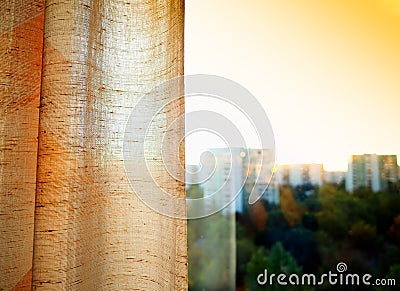 Opened curtain during sunset object background Stock Photo